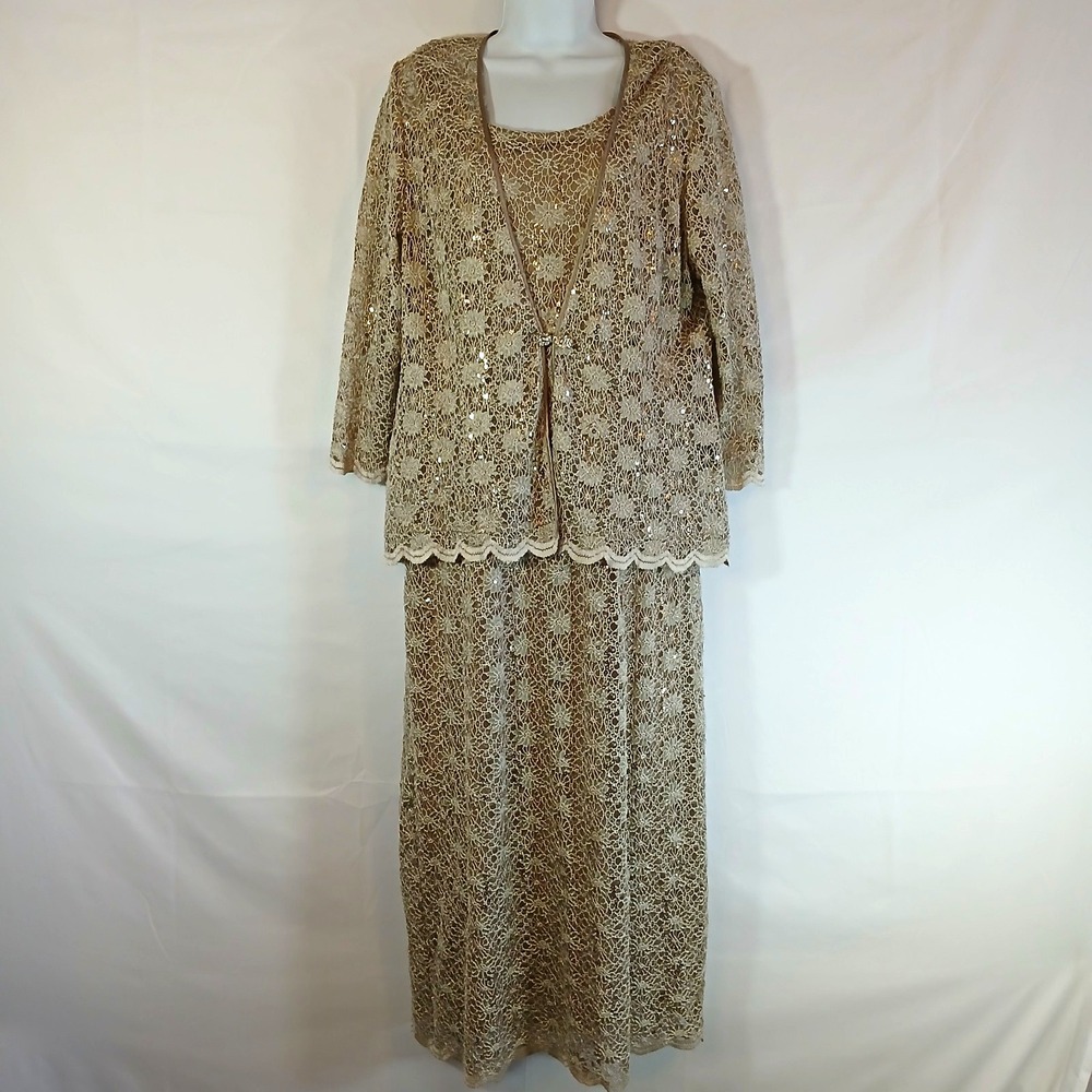 R&M Richards 2pc Gold/Beige Lace Sequin Dress Jacket Set sz 16 formal night out